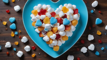Heart from marshmallows, gummies and sweets for Valentine's day