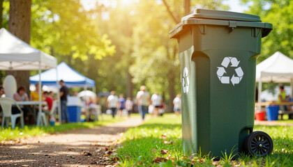 Recycling bin in community service event at local park, environmental awareness