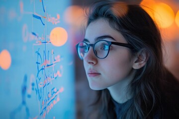 A young woman with glasses intently studies complex equations written on a glass board, illuminated by warm background lights.
