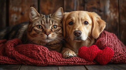 cute cat and dog are lying on a bed together surrounded by knitted red hearts
