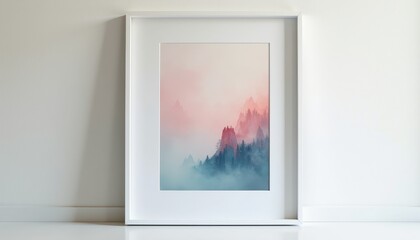 Misty Mountain Ran Watercolor Framed Art on White Wall with Pink and Blue Gradient