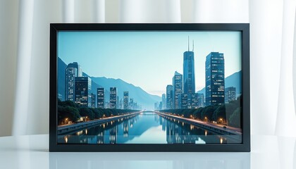Serene Cityscape Framed Photo at Dusk: Towering Skyscrapers, River Reflections, and Lush Trees