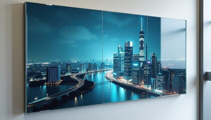 Lar Glass Wall Display Features Night Skyline of City With Illuminated Skyscrapers and Brid Over Water