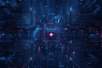 Futuristic motherboard circuit with glowing center, suitable for technology, cyber, or digital concepts