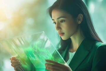 A young businesswoman analyzes financial data displayed on a transparent holographic screen, showcasing modern technology in business.