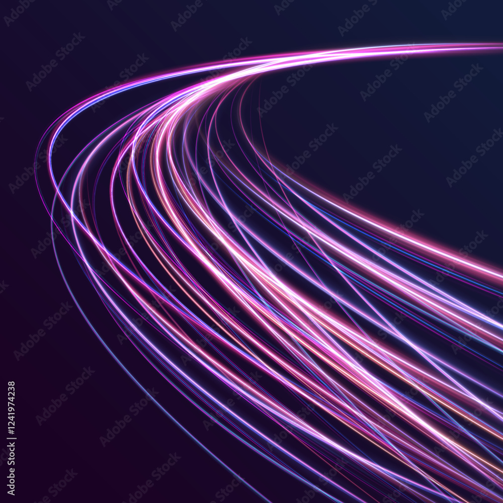 Poster blurry neon light motion on a speedway with laser beams, glowing red and blue lines, and sparkling d