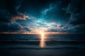 Stairway of light leading to the horizon at sunset over tranquil ocean waters during a captivating twilight moment. Generative AI