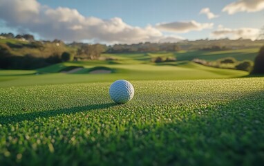 Golf ball rests on a lush green, a serene golf course landscape unfolds in the background under a bright sky.