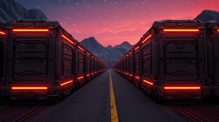A futuristic landscape featuring dark containers lined along a road, illuminated by glowing red lights against a twilight sky with mountains in the background.