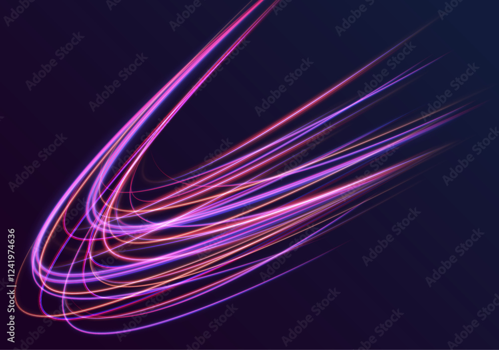 Poster light trail wave, fire path trace line, car lights, optic fiber and incandescence curve twirl. neon 