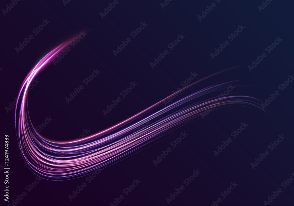 Poster Acceleration speed motion on night road. Laser beams luminous abstract sparkling isolated on a transparent background. Magic moving fast speed police lines.	