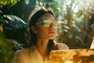 Woman wearing futuristic glasses, exploring nature, technological advancement in harmony with environment.