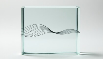 Clear Glass Block with Black Wave Design on White Background