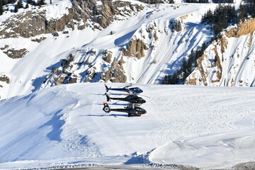 Parked helicopters at Courchevel ski resort airport by winter © raeva