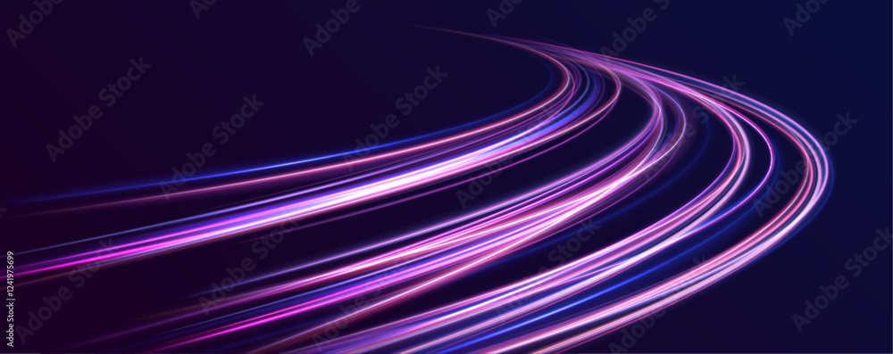 Poster Acceleration speed motion on night road. Laser beams luminous abstract sparkling isolated on a transparent background. Magic moving fast speed police lines.	