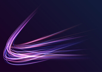 Light trail wave, fire path trace line, car lights, optic fiber and incandescence curve twirl. Neon color glowing lines background, high-speed light trails effect. 