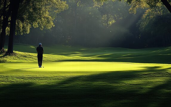 Solitary golfer silhouetted against a vibrant sunrise on a lush green golf course. A peaceful and serene moment.