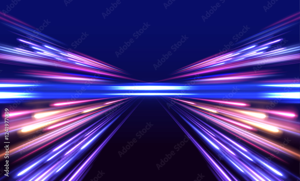Poster  Panoramic high speed technology concept, light abstract background. Abstract background rotational border lines. Rotating dynamic neon circle. Colored shiny sparks of spiral wave.