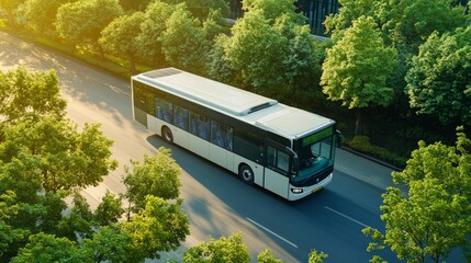 Fototapeta premium Modern City Bus Traveling Along a Tree-Lined Urban Roadway