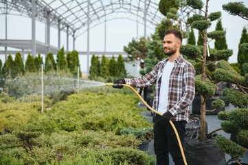 Young male gardener watering plants with a shower head and hose