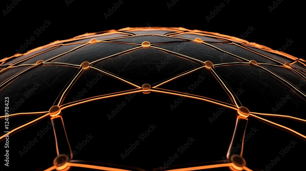 Poster a futuristic digital globe with an intricate network of glowing orange lines connecting nodes on a d