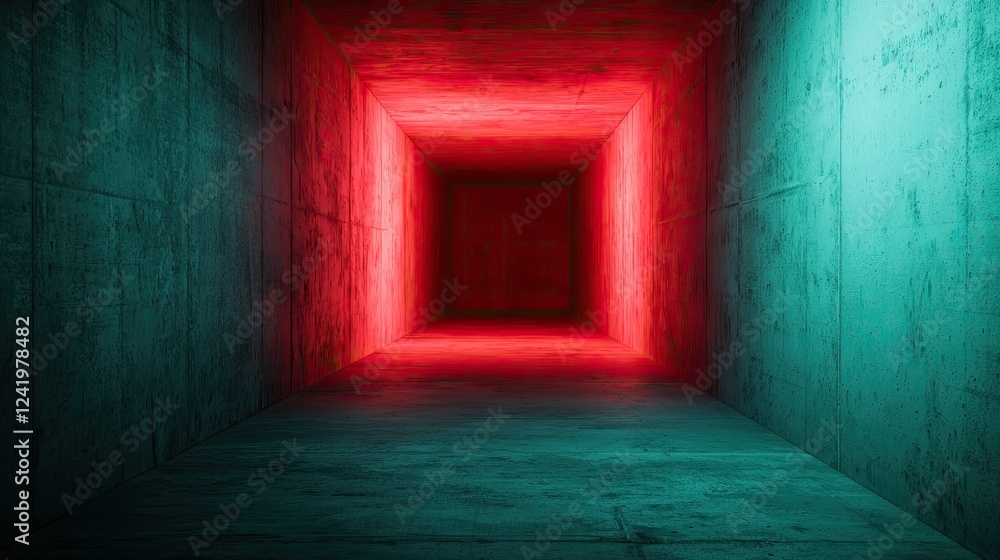 Poster a geometric tunnel illuminated with vibrant red and teal lights, creating a captivating and surreal 