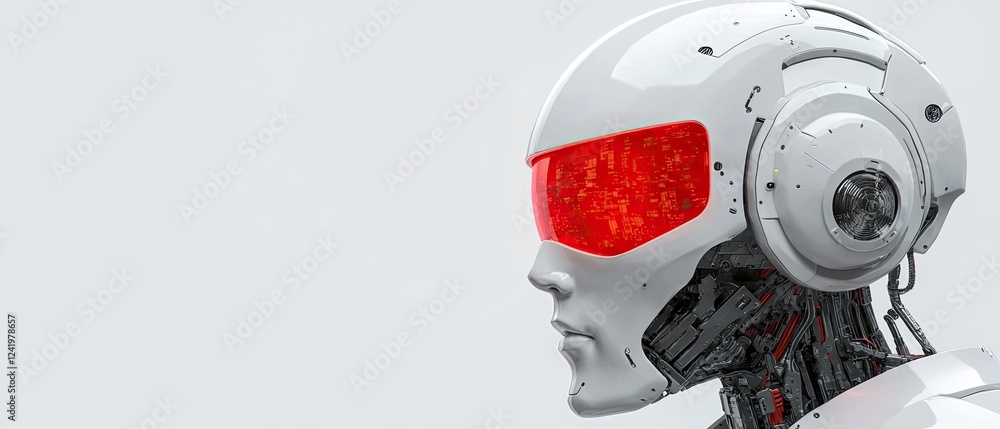 Poster a futuristic robot head with a sleek design and glowing red eyes, showcasing advanced technology and