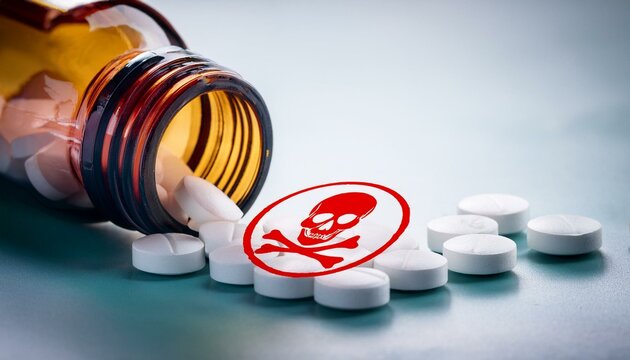 赤いドクロマークと透明な薬の瓶から出てくる錠剤の薬。違法薬物麻薬や薬物の過剰摂取を警告。aiで生成