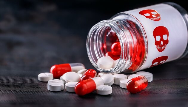 赤いドクロマークと透明な薬の瓶から出てくる錠剤の薬。違法薬物麻薬や薬物の過剰摂取を警告。aiで生成