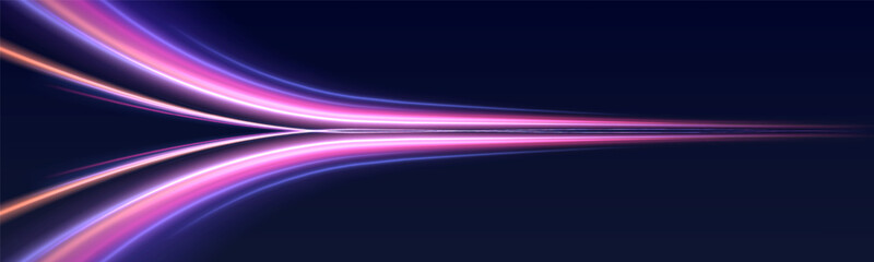 Light trail wave, fire path trace line, car lights, optic fiber and incandescence curve twirl. Neon color glowing lines background, high-speed light trails effect. 