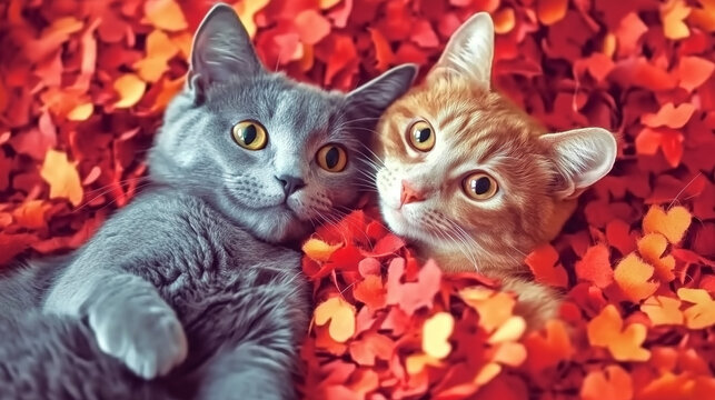 Dwa zakochane koty i czerwone serce na walentynki