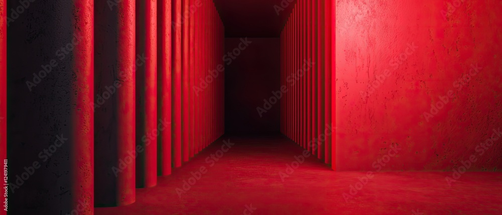 Poster a dimly lit corridor featuring red walls and vertical columns, creating an atmospheric and intriguin