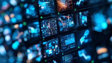 Fototapeta premium High-tech close-up of multiple screens broadcasting varied content, vivid colors, detailed information flow, digital art aesthetic