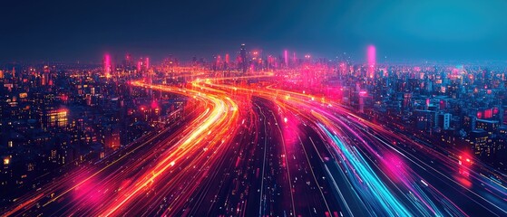Fototapeta premium A vibrant cityscape at night, showcasing dynamic light trails and a modern skyline, highlighting urban energy and movement.