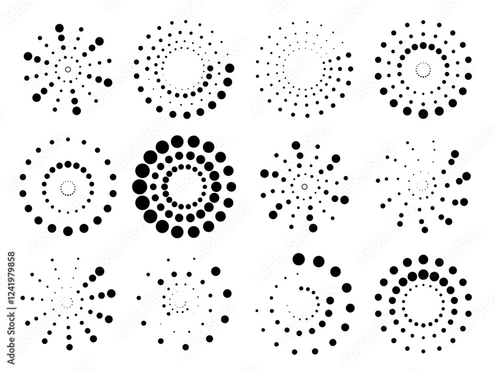 Fototapete Halftone dots in circle form. round logo. Round dotted pattern geometric background. Circle dotted speed lines. Abstract round halftone circle frames, rotating dotted circle shapes. 