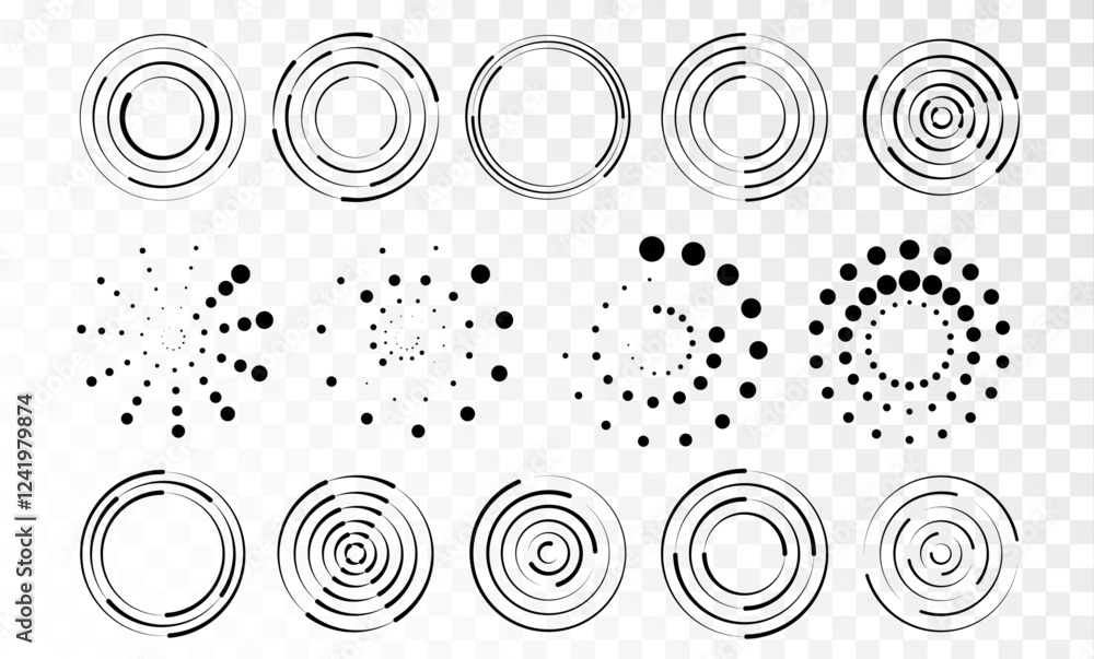 Poster Halftone dots in circle form. round logo. Round dotted pattern geometric background. Circle dotted speed lines. Abstract round halftone circle frames, rotating dotted circle shapes. 