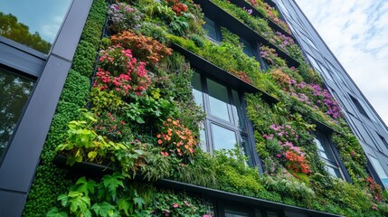 Vertical Garden with Vibrant Flowers and Lush Greenery on Wall