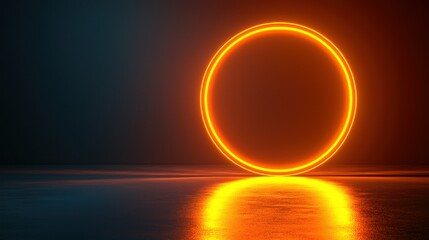 Glowing orange neon ring, dark studio, reflective floor, futuristic backdrop, portal design