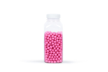 Transparent Plastic Container Filled with Pink Sugar Pearls: Minimalist Still Life Photography of Decorative Sprinkles for Baking