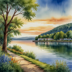 watercolor illustration of Lake City, Minnesota, showcasing its scenic beauty along the shores of Lake Pepin