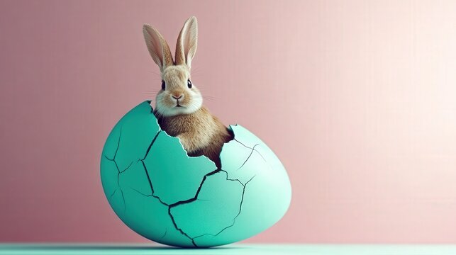  cute bunny peeking out of a light blue cracked egg, pink background, easter banner copy space  