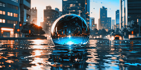 都市を映す水面の幻想的な水晶玉　Generative AI