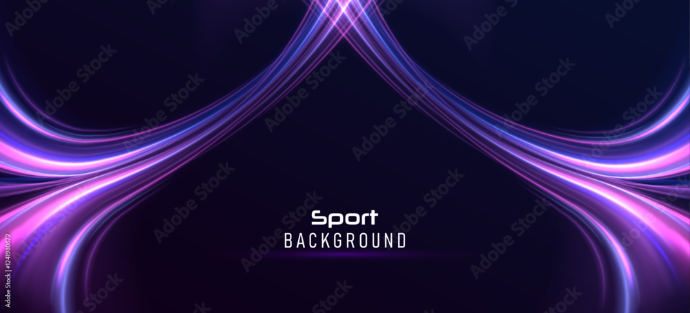 Poster High tech concept with luminous arrows moving to side. Neon color glowing lines background, high-speed light trails effect.	