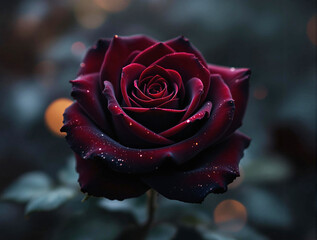 dark red rose in drops of dew