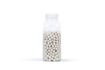 Transparent Plastic Bottle with White Spherical Pills on White Background – Medicine, Healthcare, and Pharmaceutical Supplement Concept