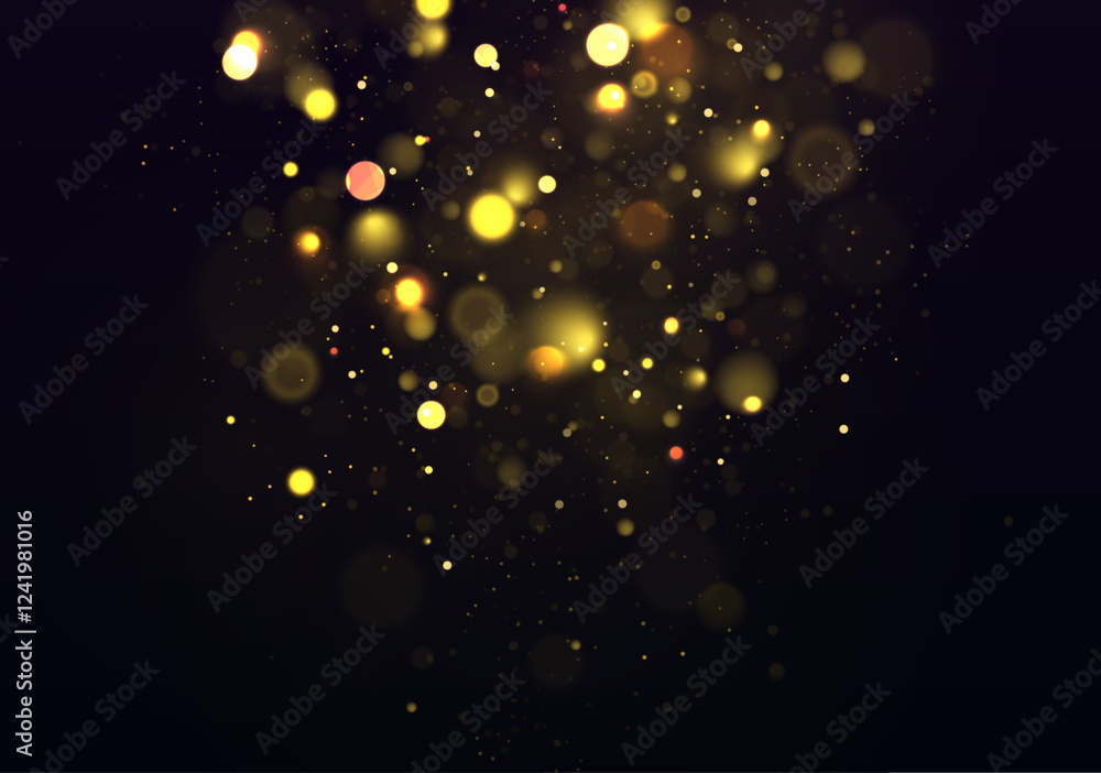 Poster Sparkling golden particles, glowing lights bokeh. Christmas background isolated on dark transparent background. Gold bokeh on isolated transparent background. 