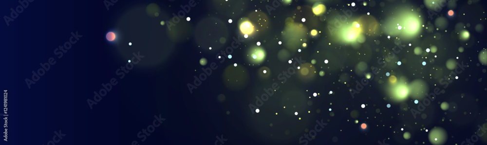 Poster abstract golden lights bokeh on a black background. glares with flying glowing particles. ligh gold 