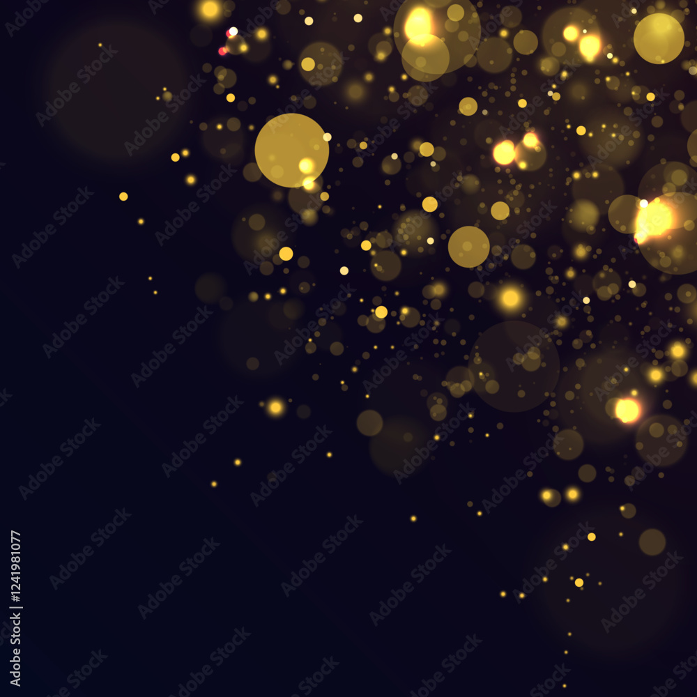 Poster Sparkling golden particles, glowing lights bokeh. Christmas background isolated on dark transparent background. Gold bokeh on isolated transparent background. 