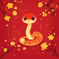 Fototapeta premium Vibrant Digital Illustration of Yellow Snake with Floral Elements on Red Background