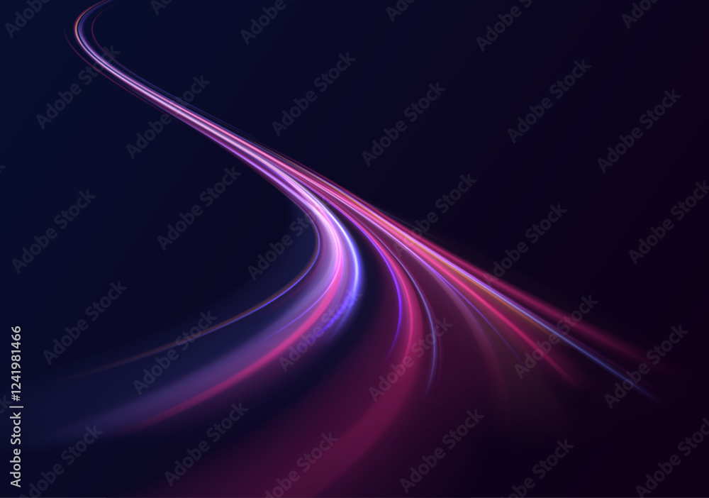 Poster Low-poly construction of fine lines. Abstract long exposure dynamic speed light trails background. Bright glowing line of new technologies on dark background in neon colors.	